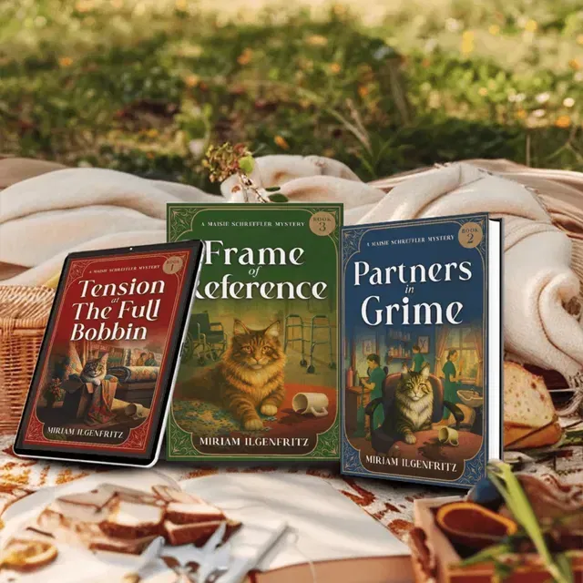 The Maisie Schreffler cozy mystery books displayed on a picnic blanket